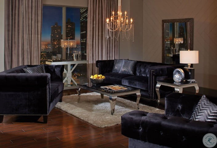 Reventlow Black Velvet Living Room Set From Coaster Coleman