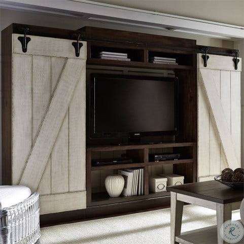 Lancaster Antique White And Brown Entertainment Wall Unit From
