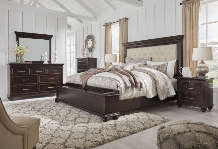 Brynhurst Dark Brown King Upholstered Storage Panel Bed ...